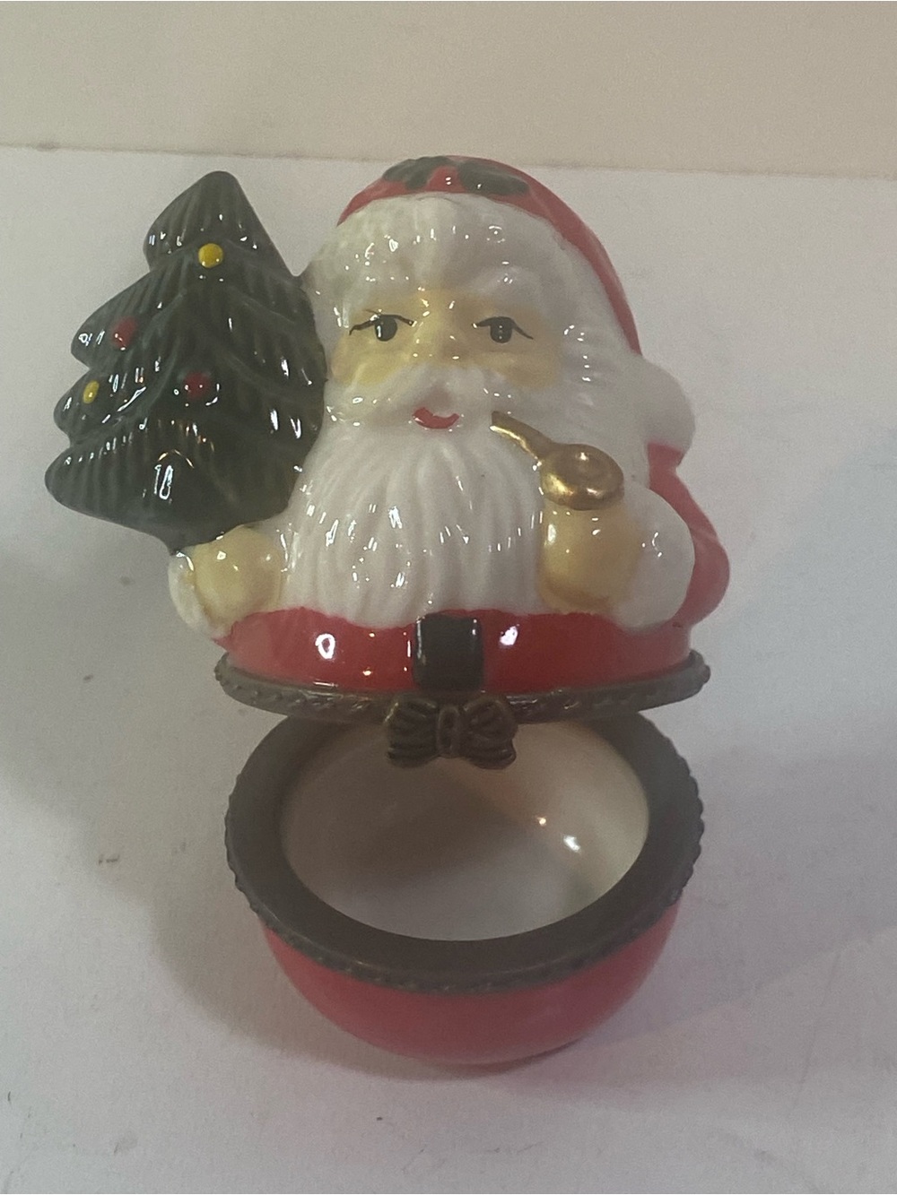 Vintage Ceramic Santa Trinket Pill Jewelry Box 2.5” Height